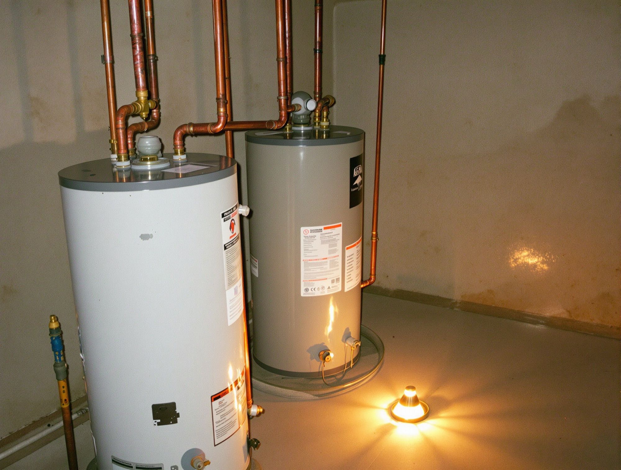 Two tank water heaters in an unfinished basement with copper lines, lit by a work light on the floor