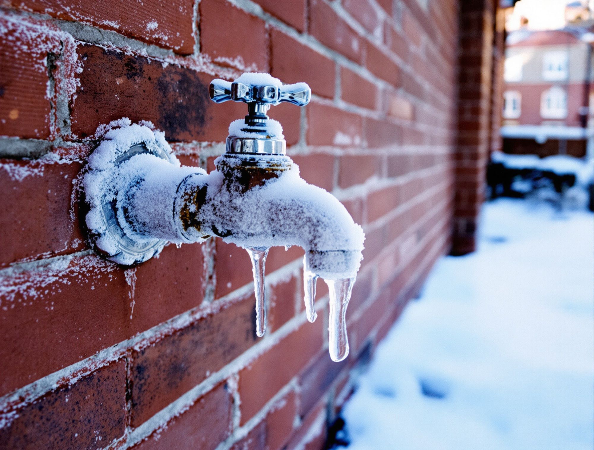 Outdoor faucet on a brick wall covered in frost, icicles hanging from the spout