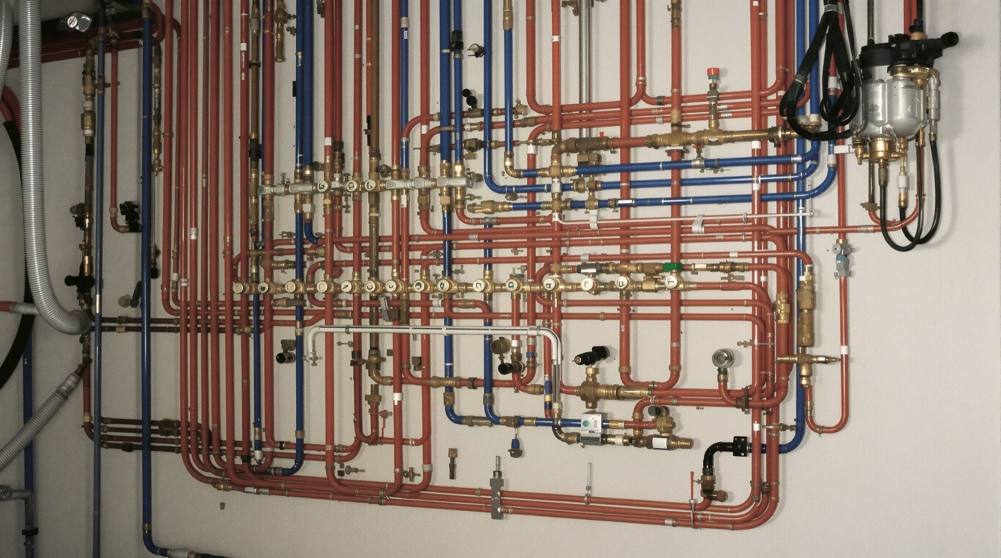 Utility room wall of red and blue PEX lines with brass fittings and shutoff valves