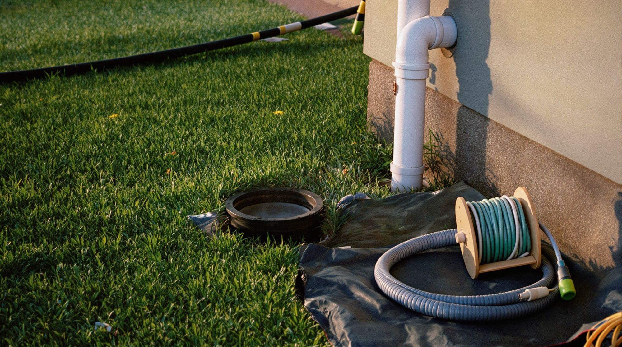 Sewer cleanout opening in a lawn beside a house, drain cable reel on a tarp