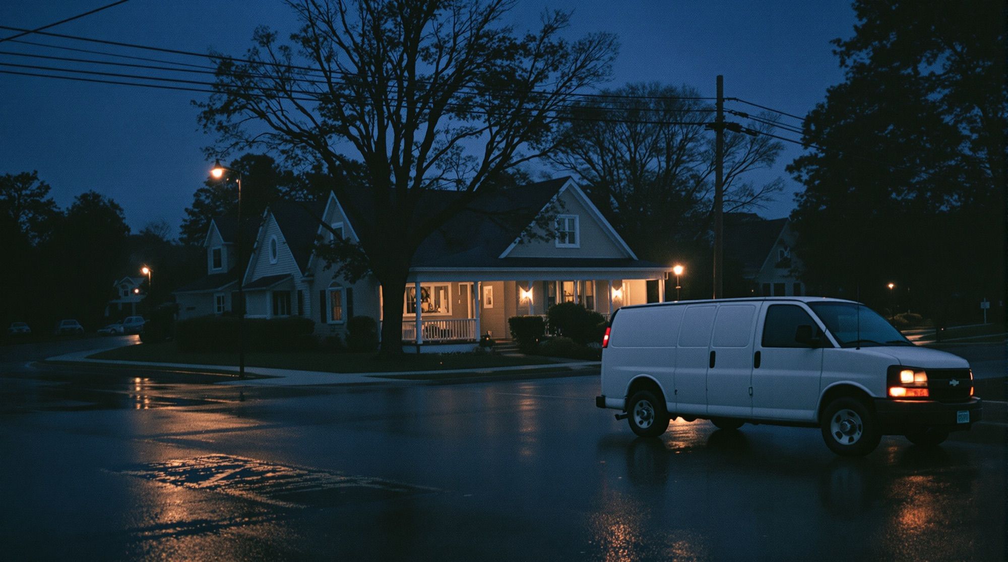 Residential street after rain at night, kitchen lights on in one house and a plain white work van at the curb