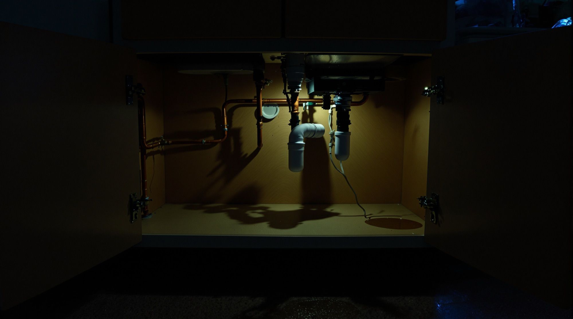 Open kitchen sink cabinet at night, copper supply lines and a drain trap lit by a flashlight, water pooling on the cabinet floor