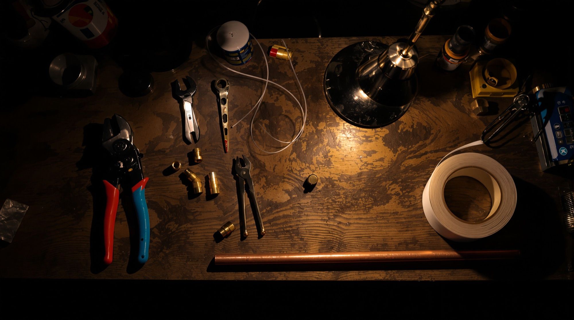 Plumbing tools on a wooden bench at night: wrenches, tubing cutter, fittings, thread tape and copper pipe